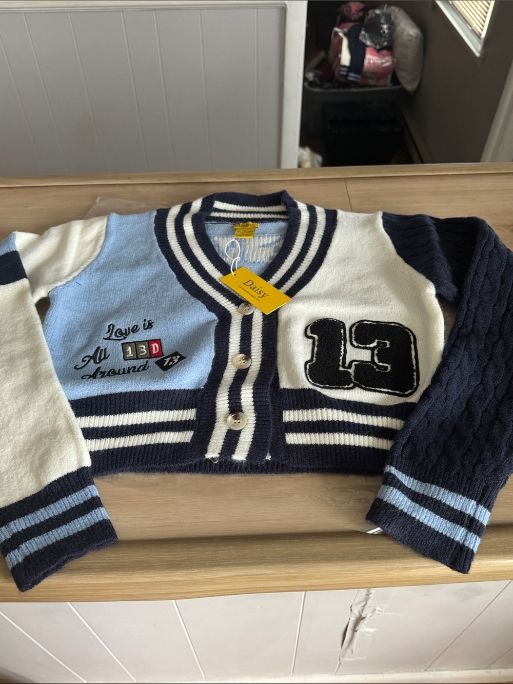 Daisy Navy, Light Blue & White Cropped Varsity Cardigan with '13' Patch